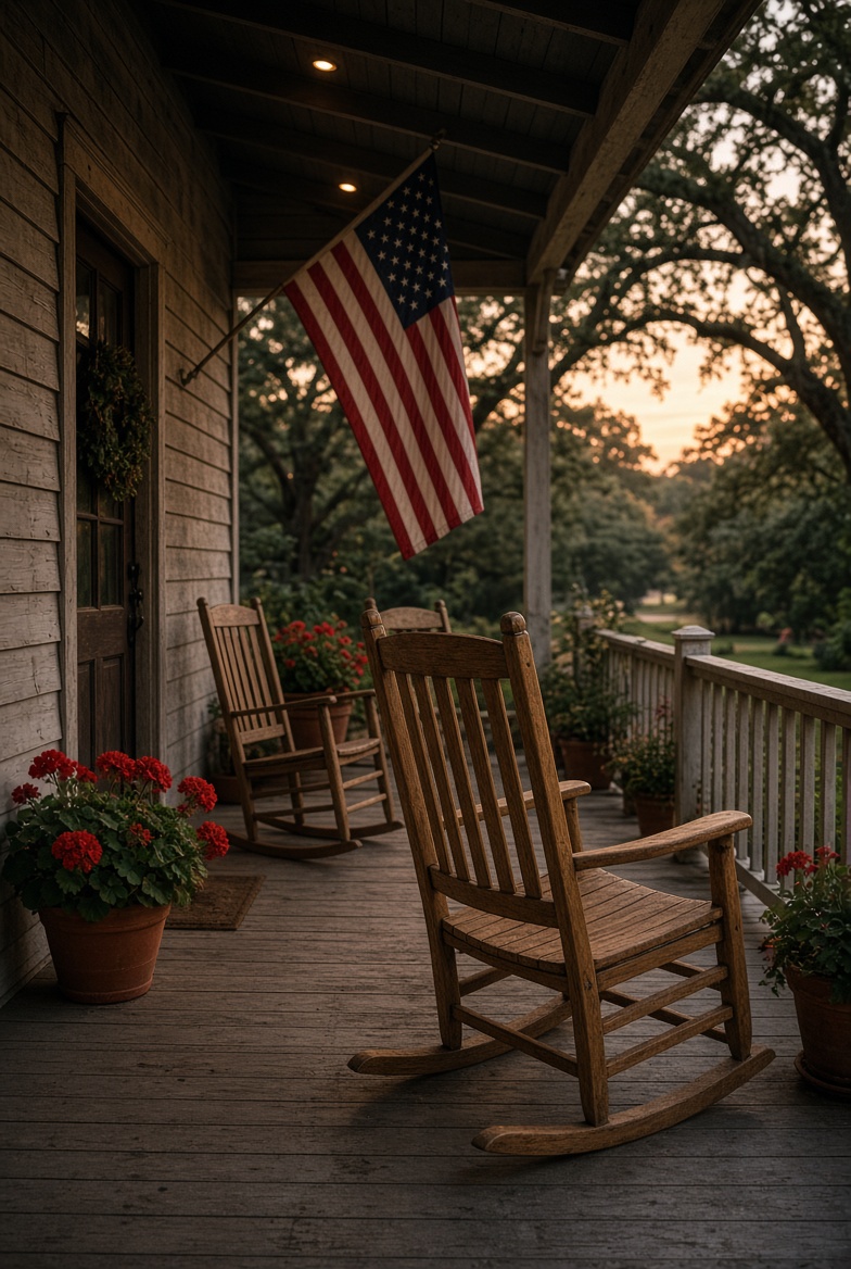 American front porch with rocking chairs and flag